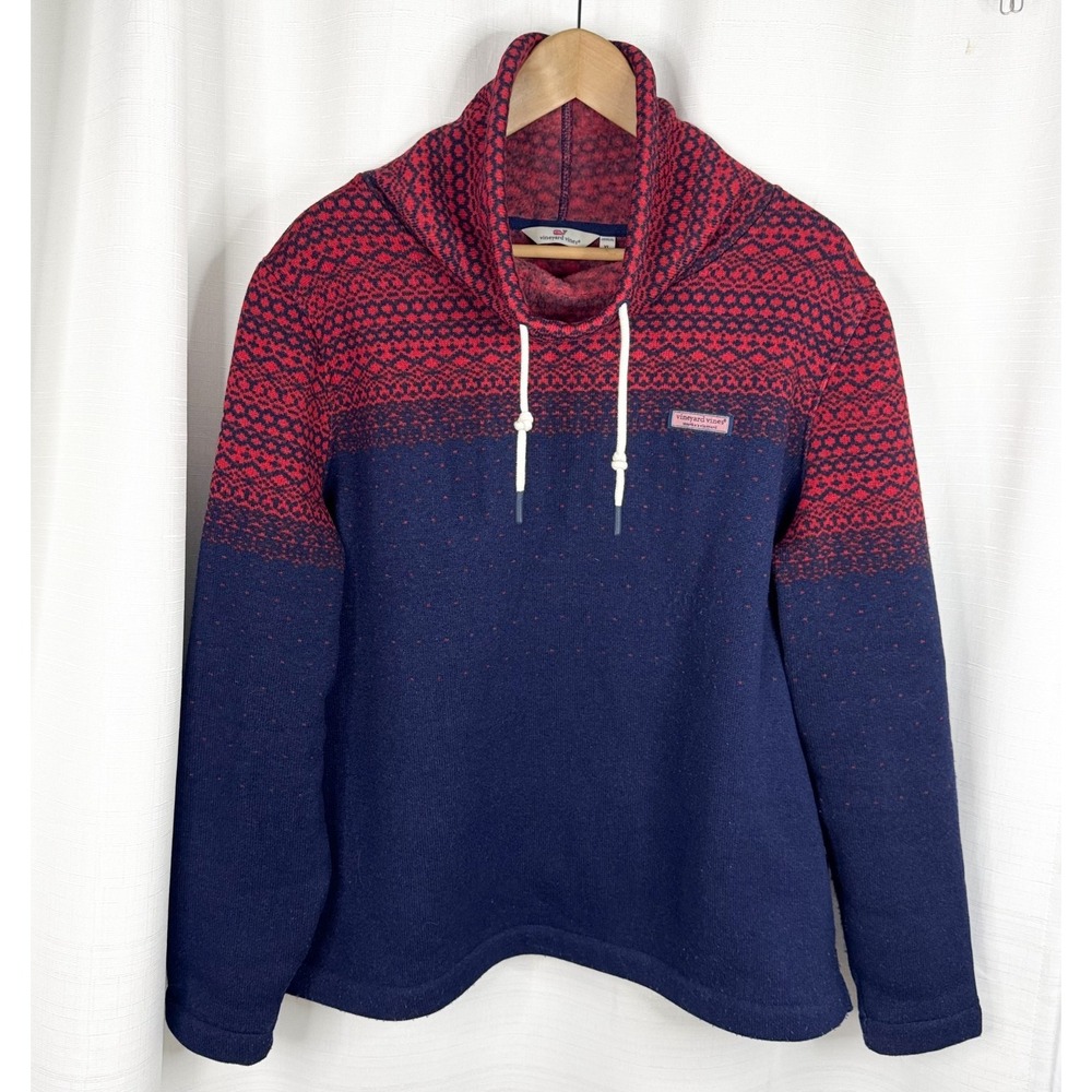 Vineyard Vines Women's XL Fair Isle Fleece Pullover Navy Red Shawl Collar EUC